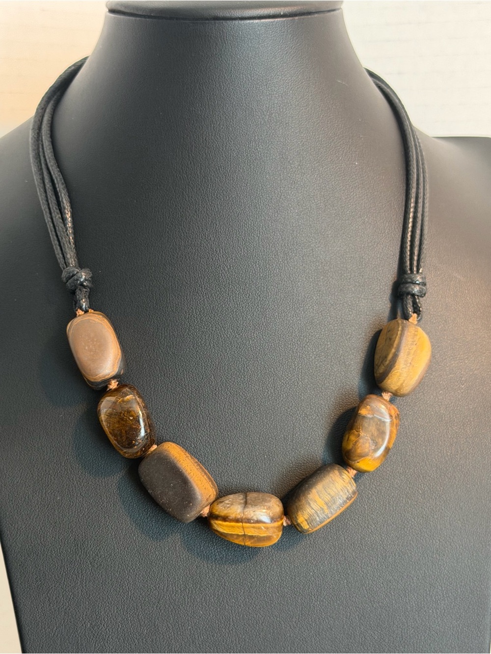 Vintage HSN Handcrafted Tiger Eye Bead Necklace - Brown 925 Leather Cord